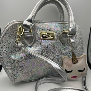Betsey Johnson Silver Holographic Satchel with Unicorn Charm